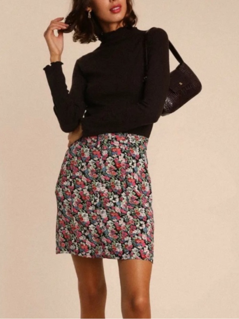 Rouje Belted Floral Mini Skirt in Black with Pink & Green